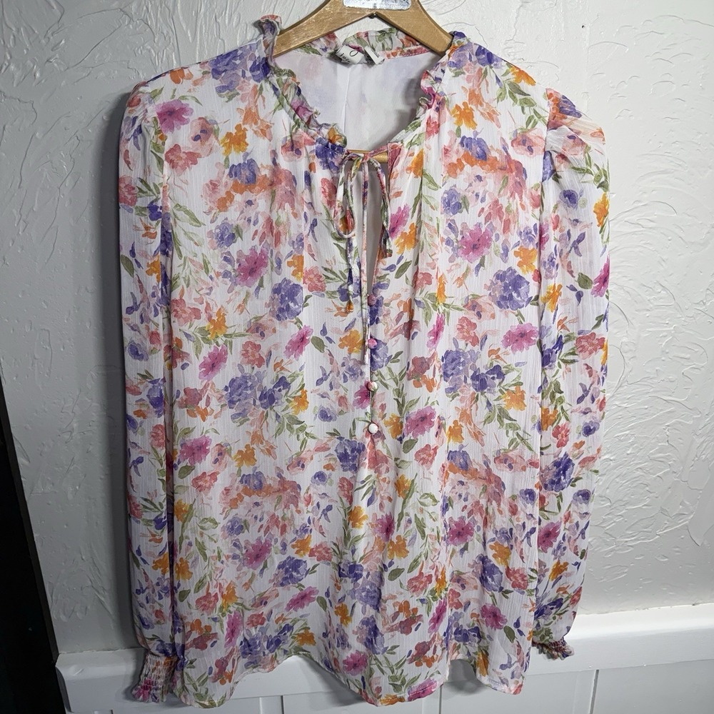 WMS L Chiffon Flowered Blouse Airy Romantic Sheer Sleeves Effortless Style